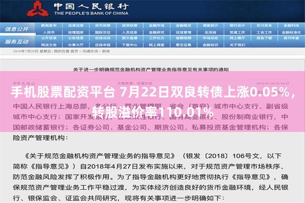 手机股票配资平台 7月22日双良转债上涨0.05%，转股溢价率110.01%